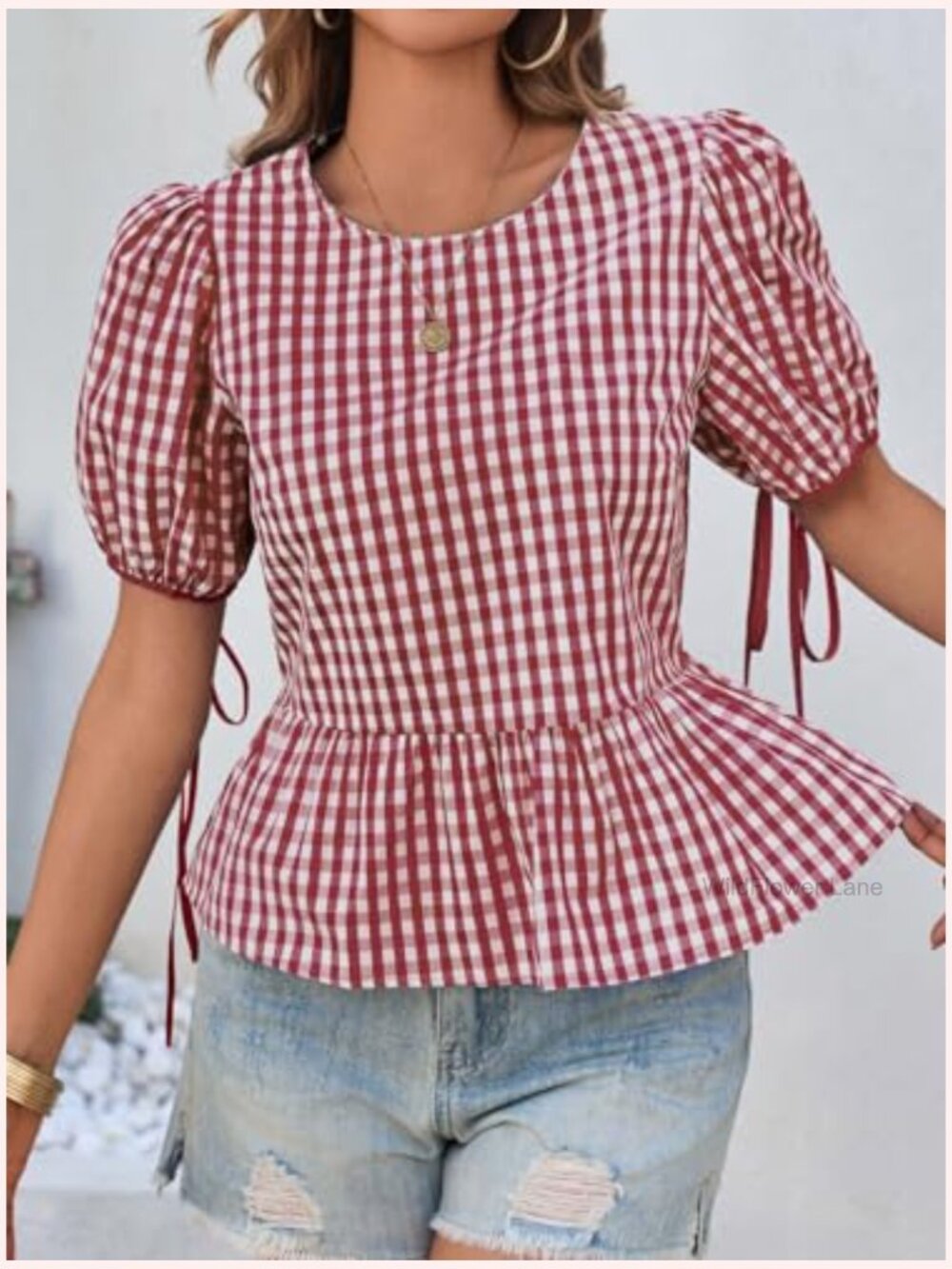 Womens Puff Sleeve Gingham Blouse Ruffle Peplum Babydoll Top Cotton Shirt - Picture 6 of 7